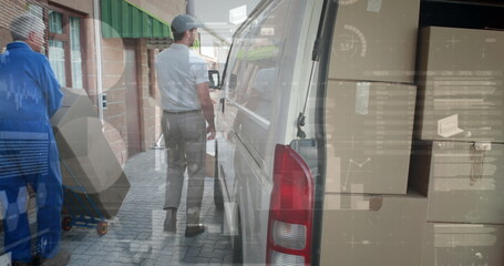 Image of statistics and financial data processing over delivery man and van
