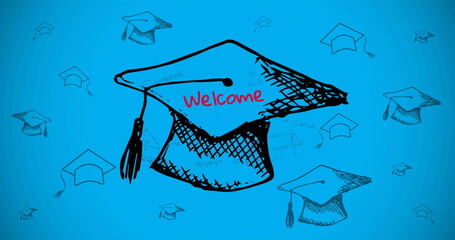 Image of welcome text over graduation hats on blue background