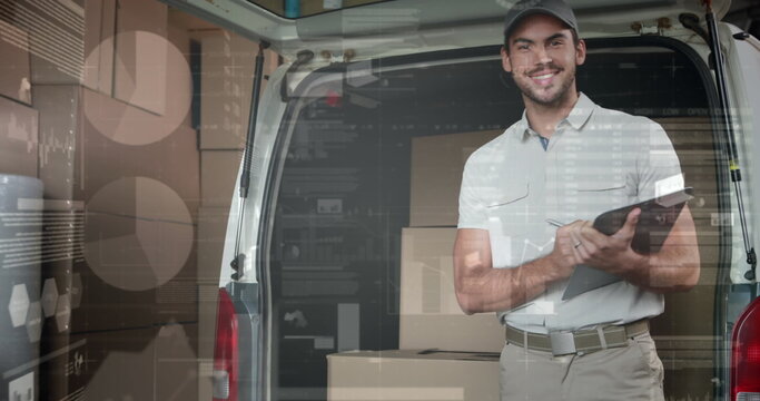 Image of statistics and financial data processing over delivery man