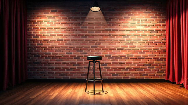 Empty stand up comedy stage room with bar stool, brick wall, wooden floor, and reflector spotlight