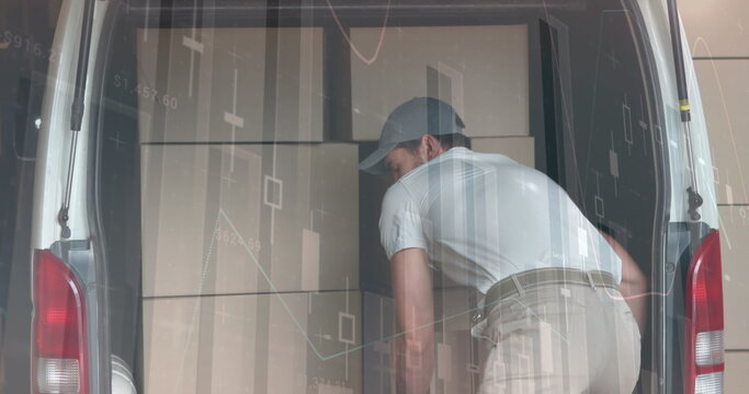 Image of statistics and financial data processing over delivery man and van