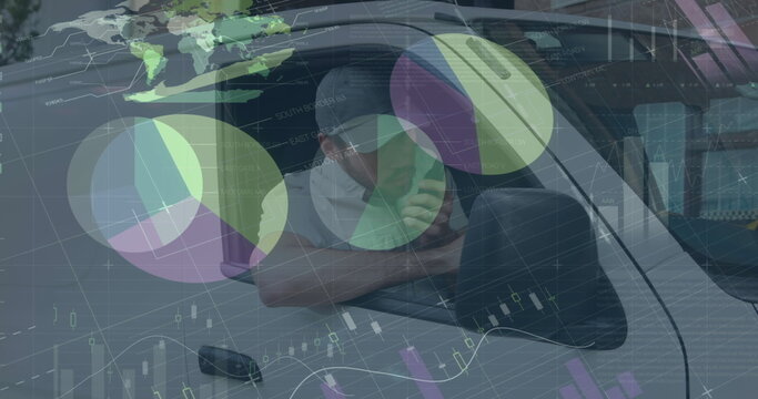 Image of statistics and financial data processing over delivery man and van - Powered by Adobe