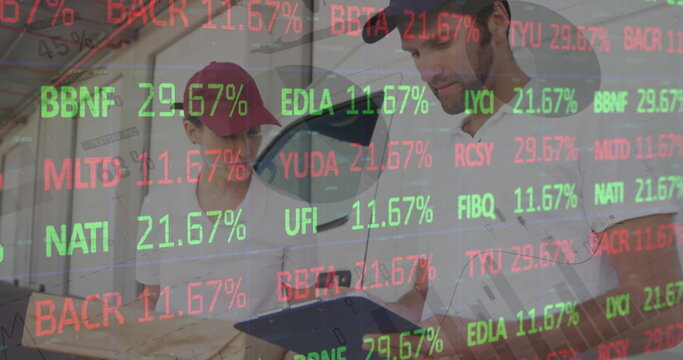 Image of financial data processing over delivery man and van