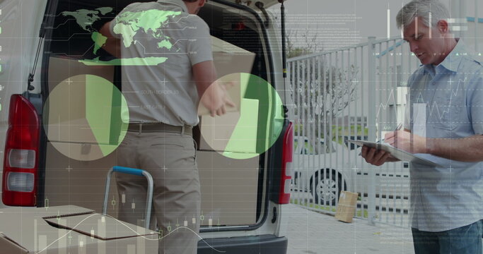 Image of statistics and financial data processing over delivery man and van