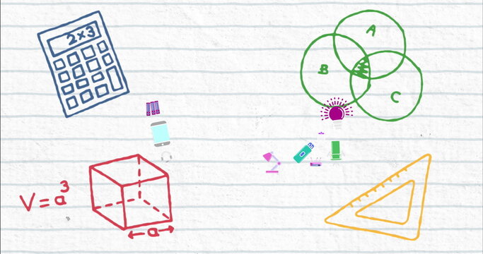 Digital image of mathematical concept icons against white lined paper