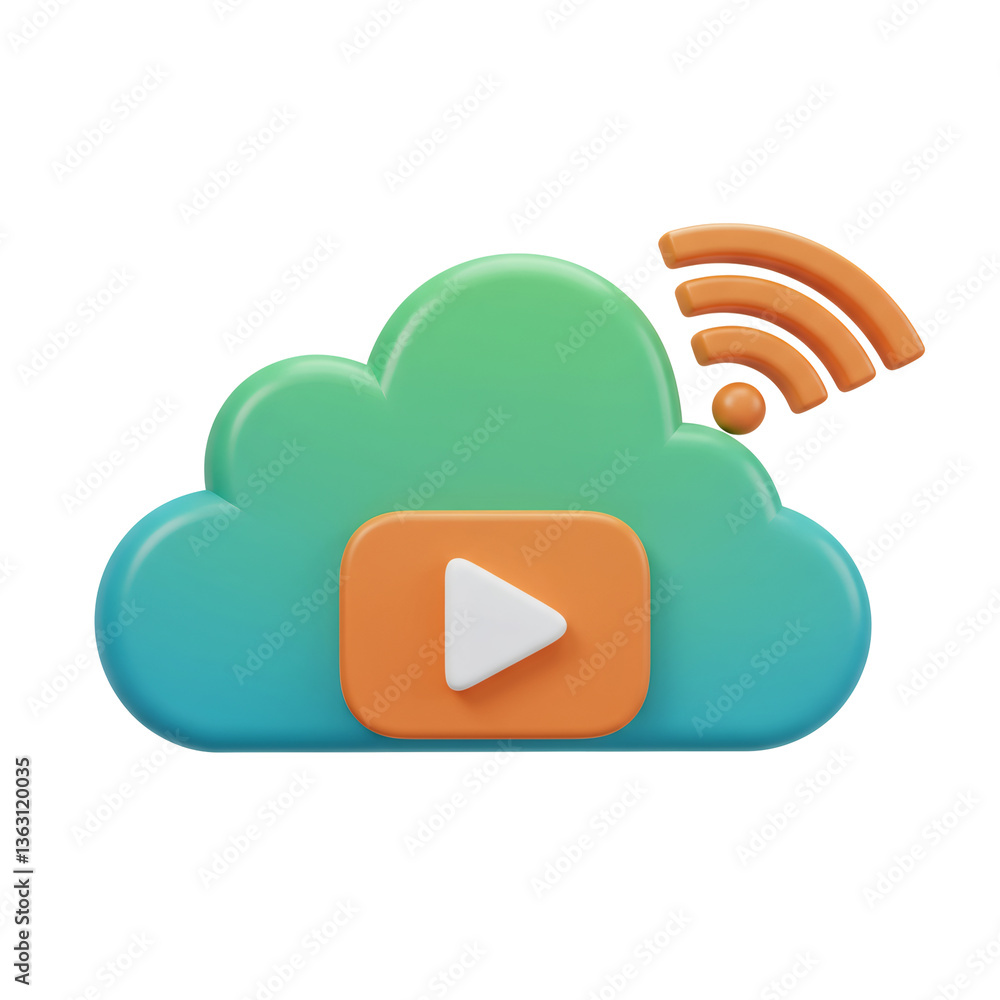 Poster 3d render of a pastel cloud with play button and wifi symbol