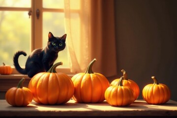A black feline companion sits serenely amidst a harvest display of miniature pumpkins bathed in warm sunlight streaming through a window.