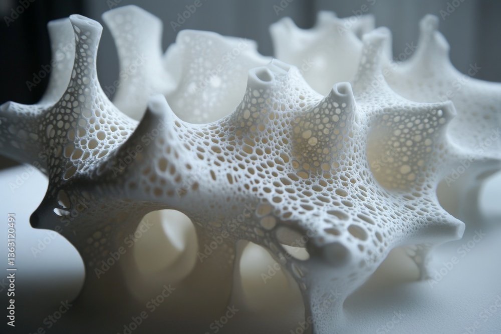 Poster Intricate white 3D printed structure showcasing organic forms and unique textures in a contemporary art installation