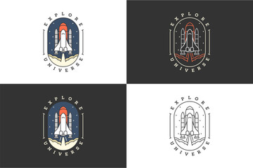 Four logos featuring a rocket launching into space.