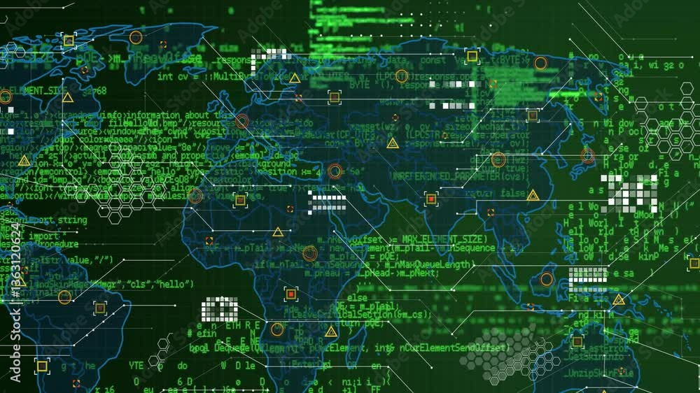 Aufkleber Digital world map with green coding and data processing animation overlay