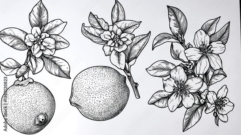 Poster hand drawn lemons with blossoms creating a fresh botanical design generative ai