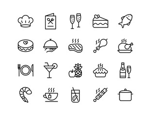 Fototapeta premium Restaurant Vector Icon Set | Adjustable Line Weight | Chef, menu, cake, steak, cocktail, shrimp, tea, chicken, pot, dish, dessert, cooking, kitchen icons