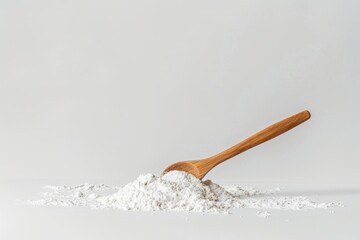 White flour in wooden spoon on white background	
