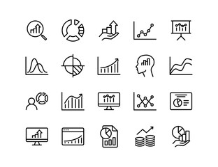 Data Analytics Vector Icon Set | Adjustable Line Weight | Chart, graph, analysis, report, growth, trend, statistics, pie chart, bar graph, line graph, scatter plot, dashboard, infographic icons