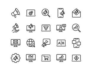 Digital Marketing Vector Icon Set | Adjustable Line Weight | Megaphone, target, analytics, email, social media, video, A/B test, campaign, optimization, presentation, mobile marketing