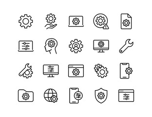 Settings and Configuration Vector Icon Set | Adjustable Line Weight | Gear, wrench, control panel, system update, network settings, maintenance, protection, customization, technology, computer