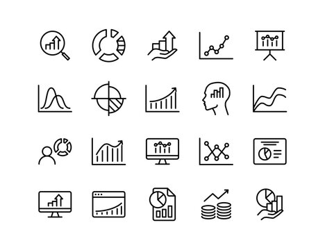 Data Analytics Vector Icon Set | Adjustable Line Weight | Chart, graph, analysis, report, growth, trend, statistics, pie chart, bar graph, line graph, scatter plot, dashboard, infographic icons