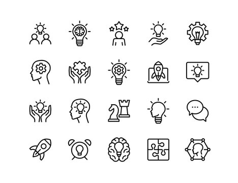 Creative Thinking Vector Icon Set | Adjustable Line Weight | Idea, brainstorm, innovation, strategy, teamwork, creativity, puzzle, chess, rocket, alarm, brain, network, conversation, light bulb icons