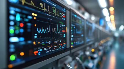 A hospital using smart monitoring devices, digital dashboards displaying real-time patient health statistics