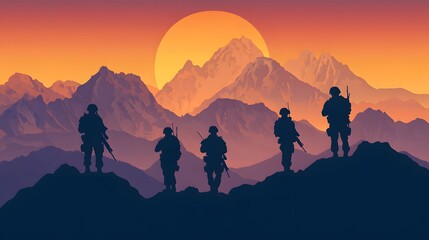 Naklejka premium Group of hikers at sunset, silhouetted against a vibrant sky, exploring nature in a mountainous landscape, inspirational journey.
