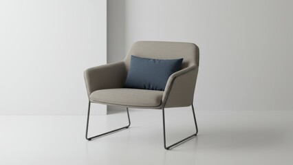 Minimalist armchair with a blue cushion against a white wall backdrop.