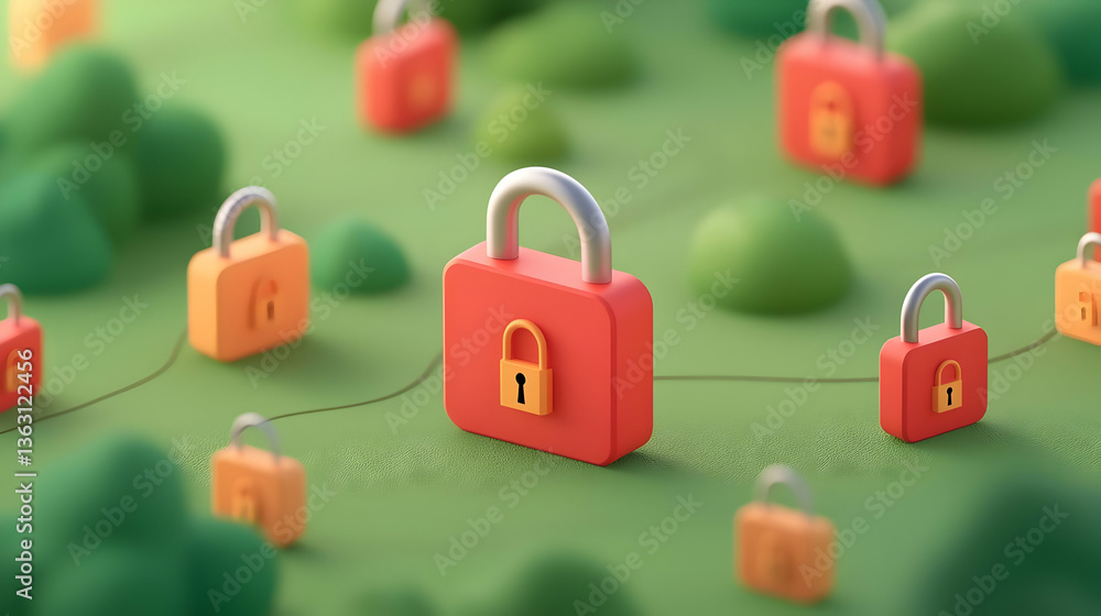 Poster abstract representation of decentralized technology with encrypted locks