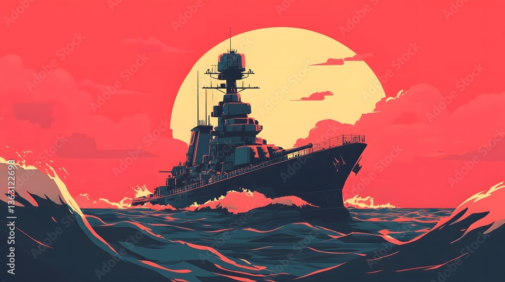 Poster silhouetted figure on boat, adventurous scene with vibrant sunset and waves creating a sense of expl