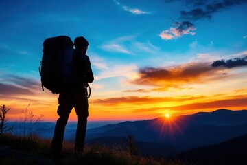 Obraz premium Hiker watching colorful sunset in mountains 