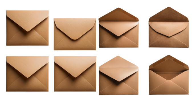 Collection of Elegant Brown Envelopes on White Background, PNG bundle collection, Isolated on Transparent Background