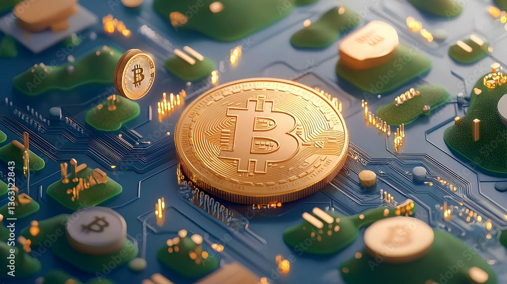 Poster 3d abstract technology concept with bitcoin and contactless elements