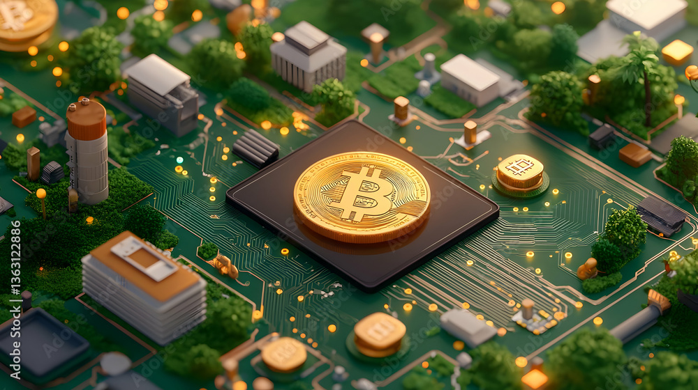 Poster abstract 3d render of bitcoin in technology circuit design