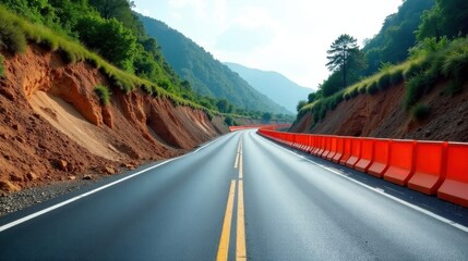 Obraz premium New asphalt road winding through a mountain pass with orange safety barriers