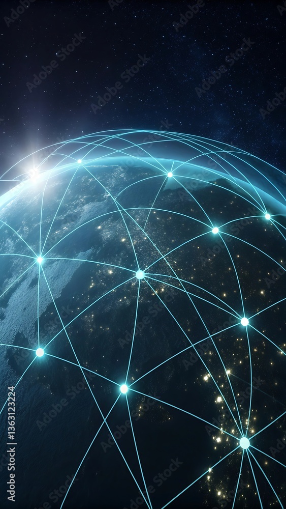 Poster earth globe connected by glowing network lines in space, futuristic technology and communication des
