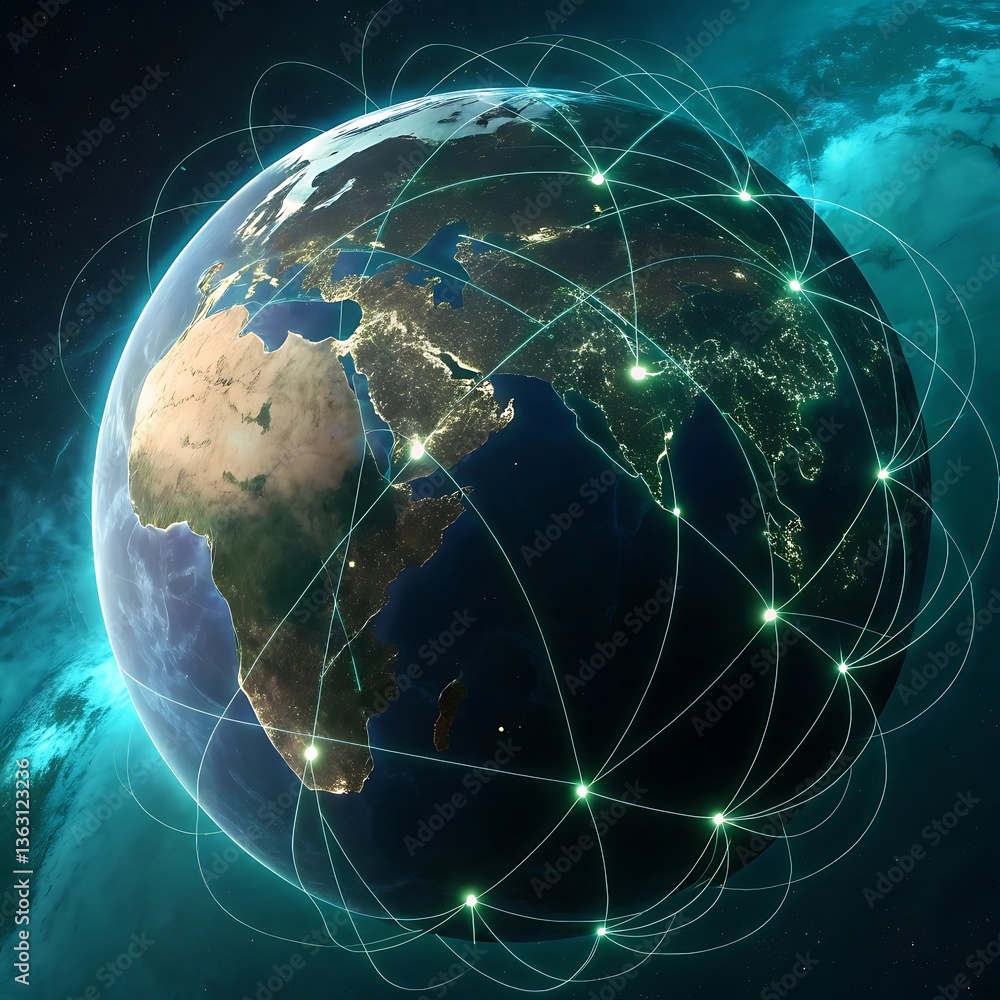 Poster earth planet networking: global communication technology illustration with futuristic connection lin