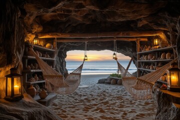 Serene ocean sunset view from cozy cave retreat with hammocks and rustic decor
