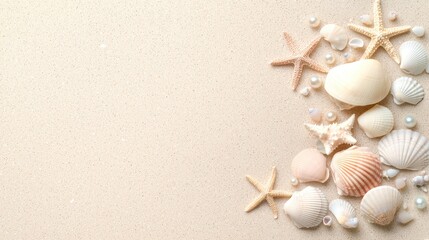 Light sandy beach with a collection of tiny starfish and pearlescent seashells, soft morning glow.