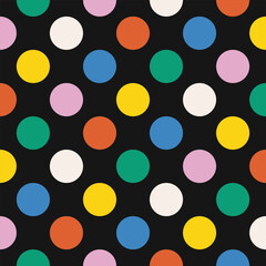 Colorful round polka dots on black background. Seamless geometric vector design with a modern retro look. High quality illustration for decor and print.