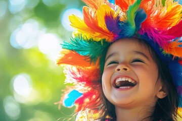 Happy girl wearing colorful feathers	
