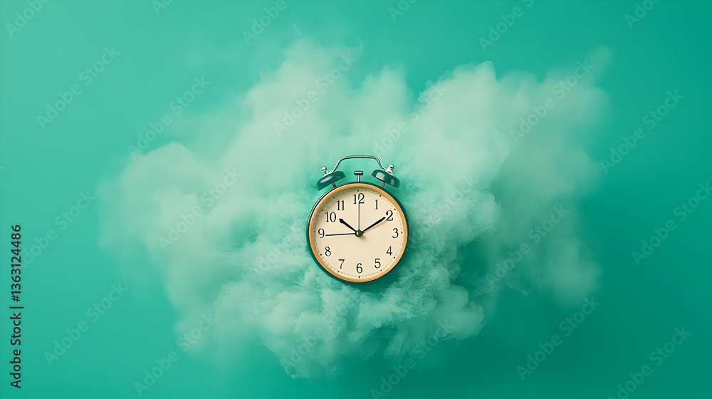 Poster alarm clock surrounded by soft clouds in a serene environment