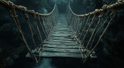 Obraz premium A precarious rope bridge stretches across a dark chasm, its weathered wooden planks and frayed ropes hinting at age and peril. An adventurous journey awaits!