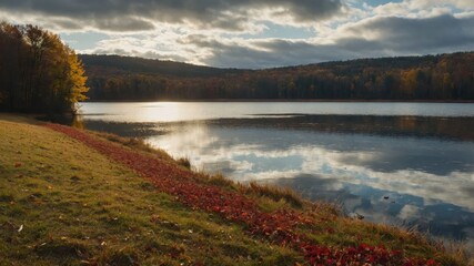 Serene lake view with autumn foliage reflecting in the water under a cloudy sky.