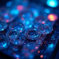 Close-up of casino chips featuring the @slot machine game logo, scattered on a green felt table under warm, inviting light.