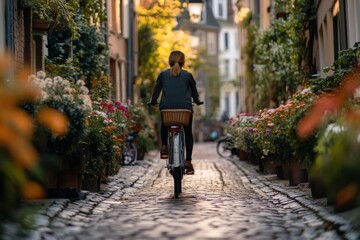 Fototapeta premium Girl riding bicycle through flower filled alley 