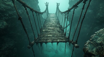 Obraz premium An eerie, underwater rope bridge stretches between moss-covered rocks, a scene of mystery and suspense.