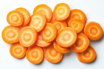 Sliced carrots on a white surface, arranged in a neat formation.