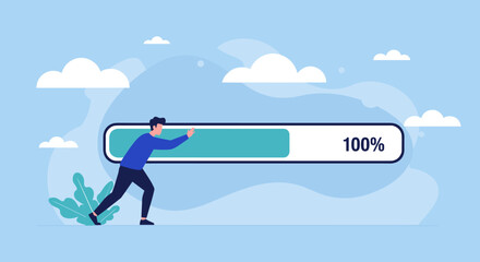 Man pushing a progress bar to 100%. Success!