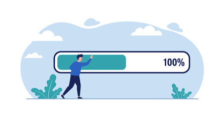 Man completes 100% progress bar. Success!
