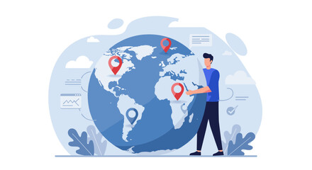 Young man interacts with a global map, showcasing worldwide reach.