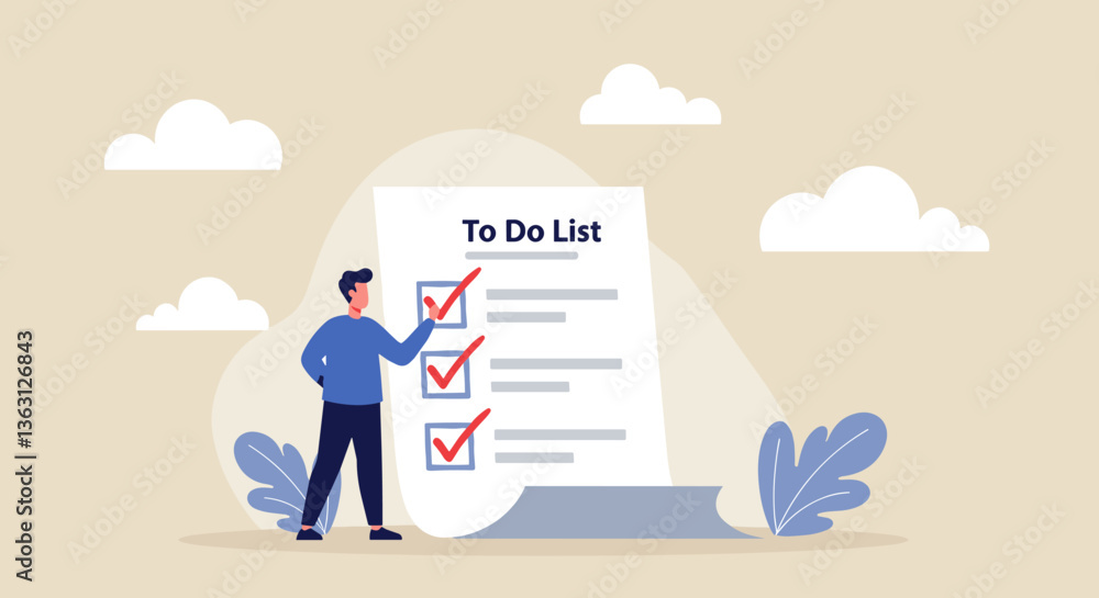 Poster man checking off tasks on his to-do list.