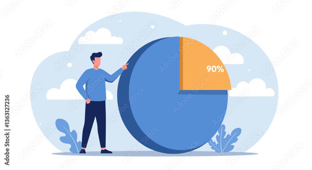 Aufkleber man reviewing a pie chart showing 90% completion.